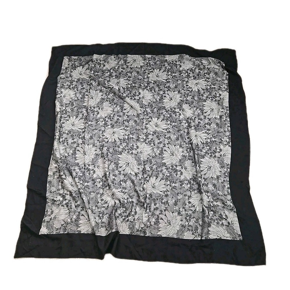 BAYRON Black Gray White Flower With Logo Silk Women's Scarf 54"x53" Square Vtg